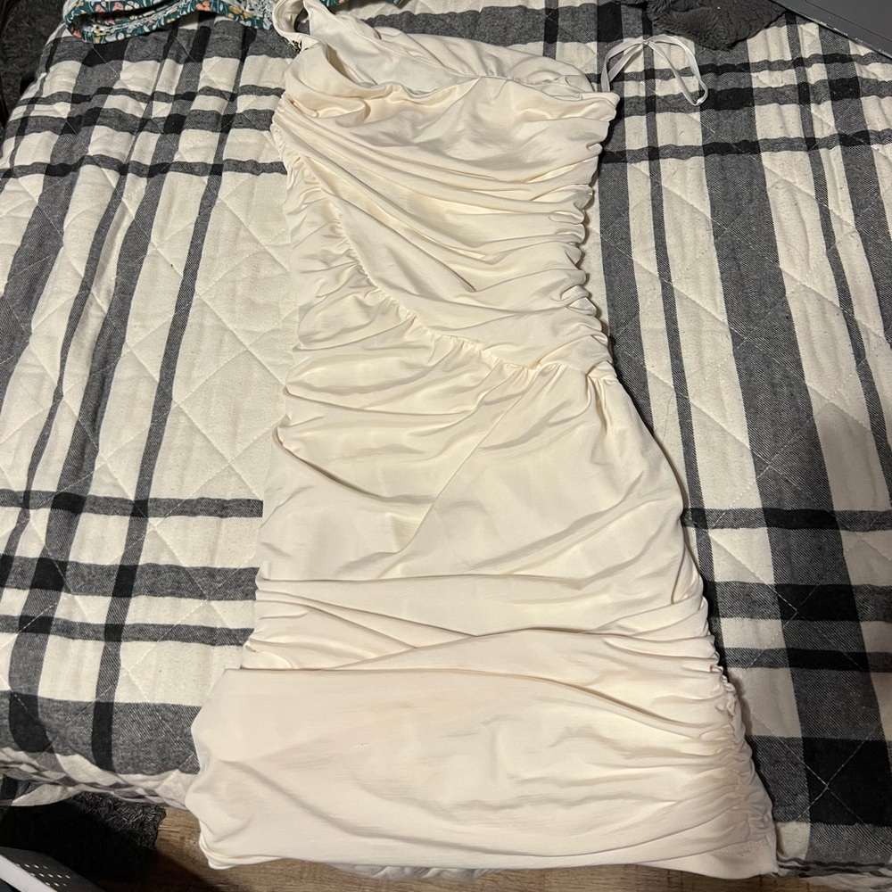 white cream tight scrunch dress